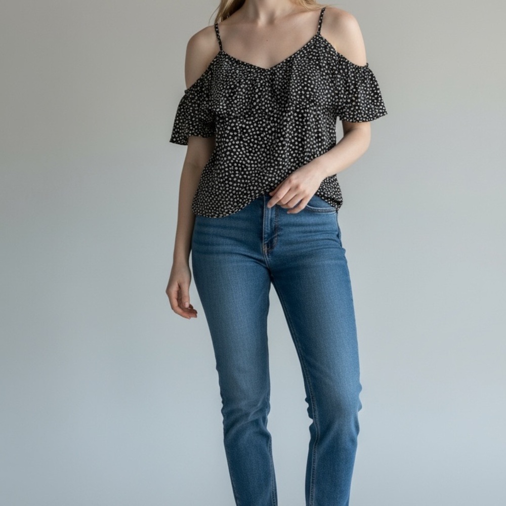 Dalia Cold Shoulder Blouse-Black & White Heart Print with Flutter Sleeves